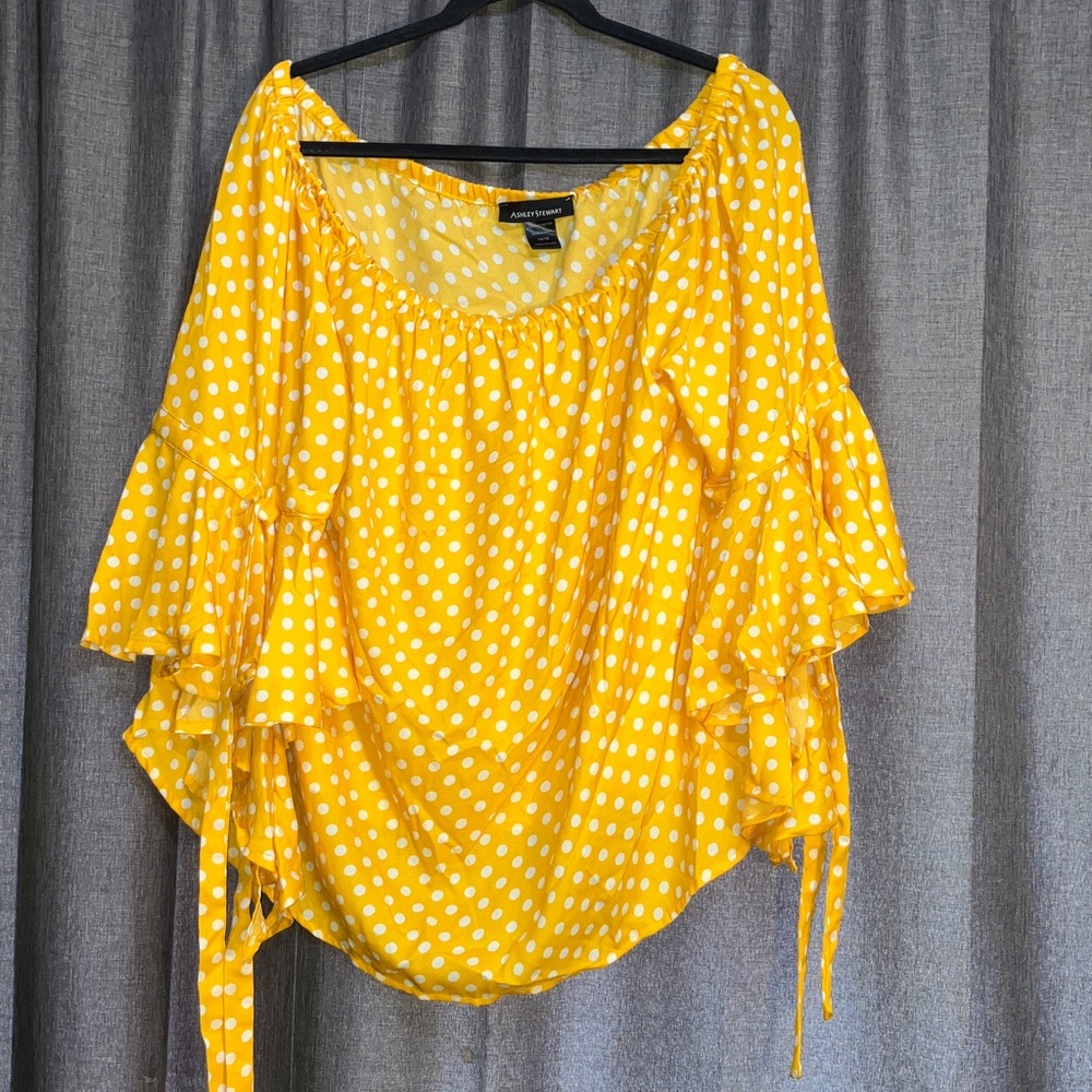 Ashley Stewart Yellow Polka Dot Ruffle Blouse